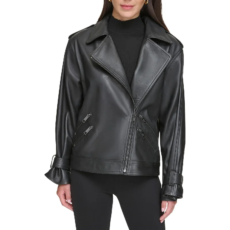 modern outerwearDKNY Womens Leather Oversized Motorcycle Jacket