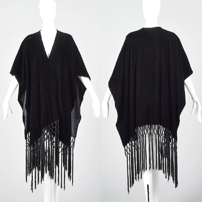 cozy fleece coat1990s Black Velvet Wrap with Knotted Fringe