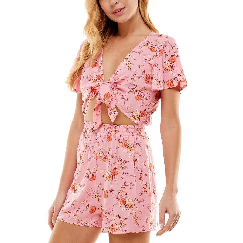 lace-up dressBebop Junior's Printed Cutout Tie Front Romper Pink Size Medium