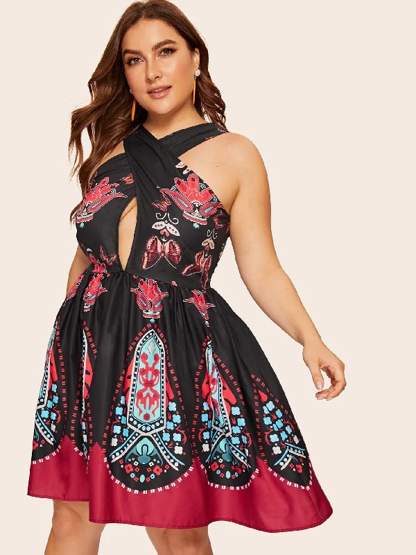 fitted cocktail dressPlus Criss Cross Tribal Print Dress