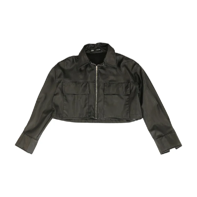 insulated trench coatBlack Solid Faux Leather Jacket