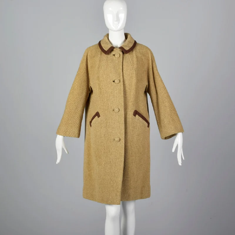 casual coat1950s Beige Tweed Coat with Brown Trim