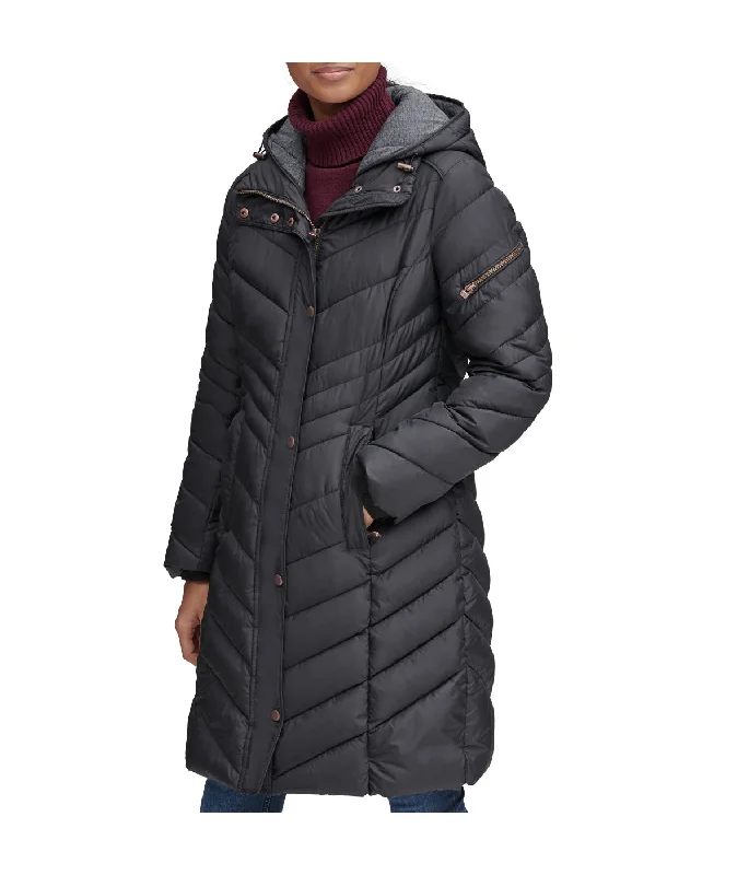 chic padded coatOdessa Faux Down Fill Jersey Trim Quilted Coat Black