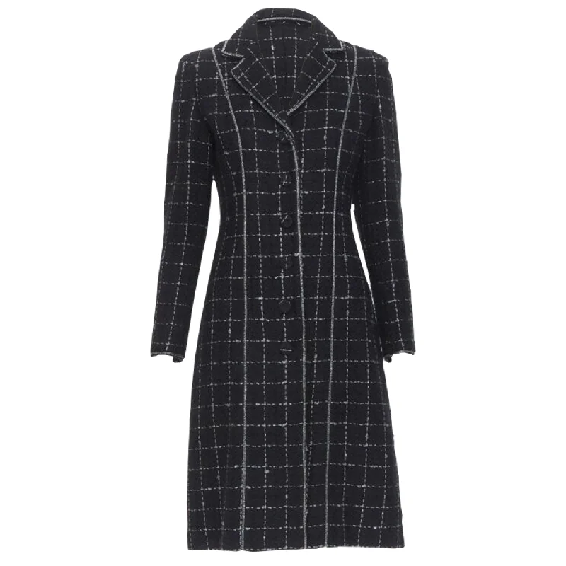 Luisa Beccaria silver check glitter tweed embellished long coat