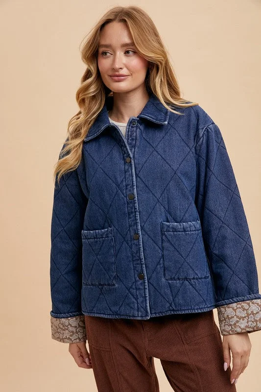 classic bomber jacketQuilted Printed Lining Snap Down Denim Jacket