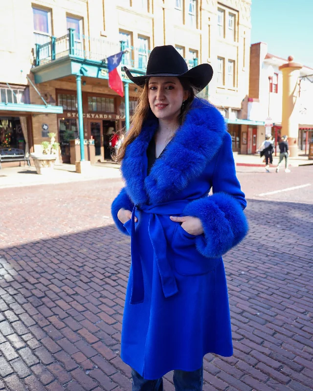 cold weather jacketDIANA ROSH ROYAL BLUE LONG WOOL FUR COLLAR AND CUFF COAT