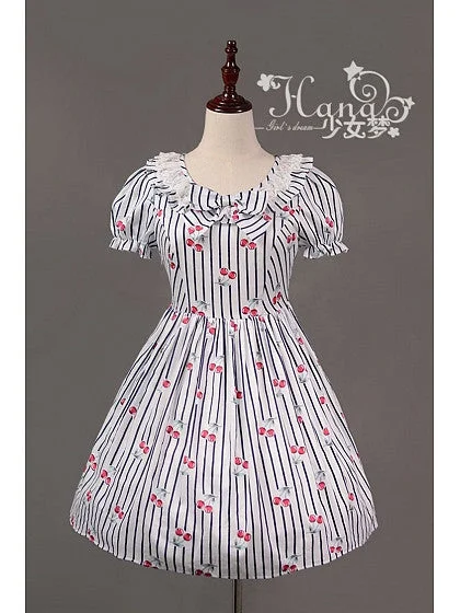 playful dressCherry Stripe Ruffle Collar One Piece in White