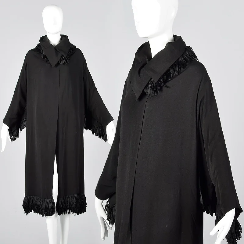 outdoor coat1920s Black Silk Flapper Coat with Fringe Trim