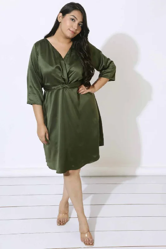 flowy evening dressPlus Size Olive Satin Knot Dress