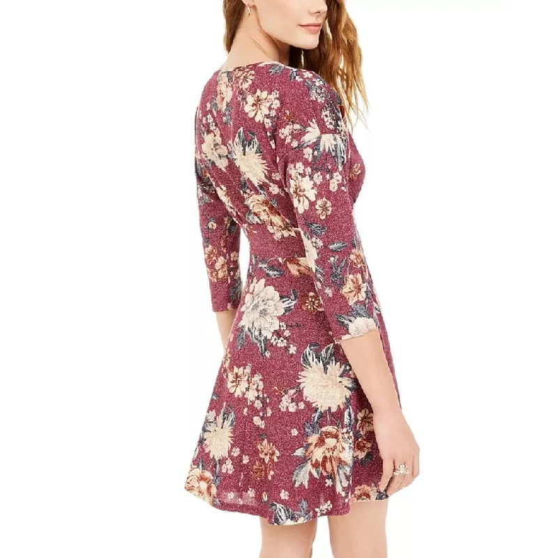 textured dressBe Bop Women's Purple Floral Long Sleeve Crew Neck Short Fit + Flare Dress Purple Size Medium