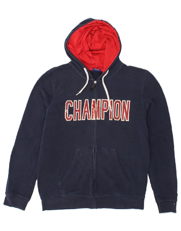 CHAMPION Mens Graphic Zip Hoodie Sweater Medium Navy Blue Cotton