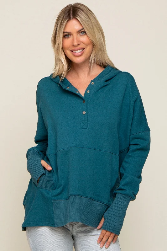 Teal Button Front Ribbed Trim Hooded Sweatshirt