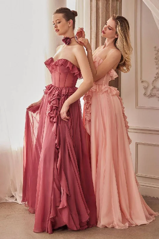 backless dressStrapless Chiffon Ruffle A-line Sheer Bodice Long Prom & Bridesmaid Dress CDA1341