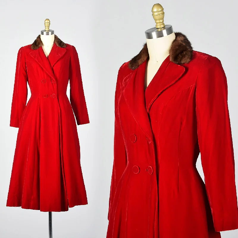 faux fur coat1950s Red Velvet Coat Dress with Mink Collar