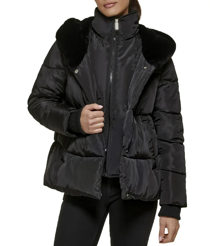 padded puffer coatFaux Memory Short Puffer W Plush Faux Fur Trimmed Hood