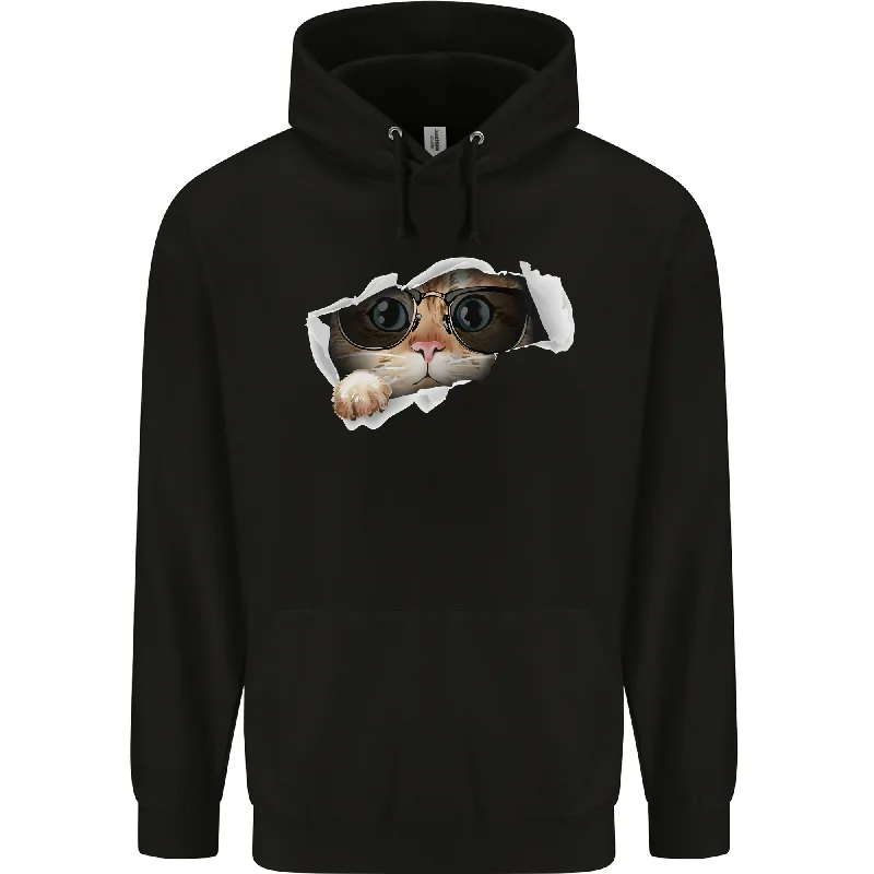 lightweight pullover hoodieA Funny Cat Peeking From a Ripped Top Mens 80% Cotton Hoodie