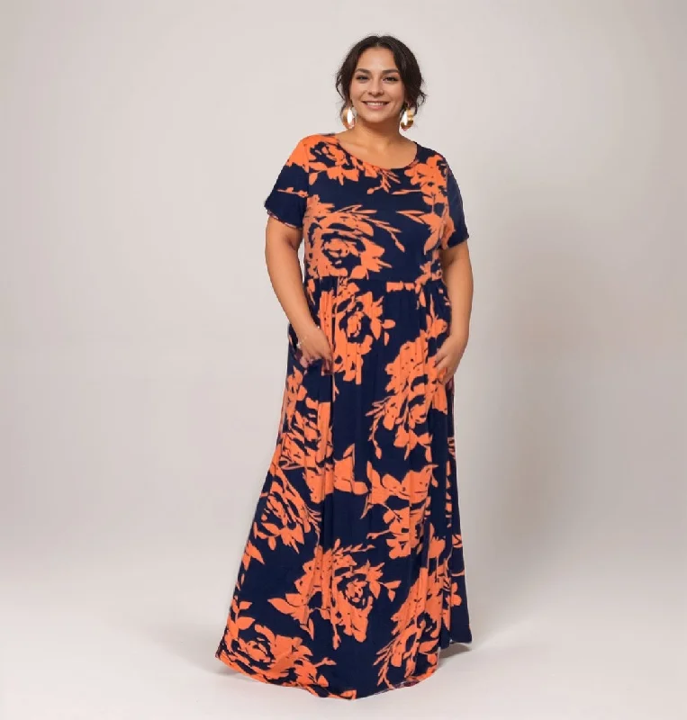 boho-chic dressROCKTHOSECURVES NAVY / ORANGE SHORT SLEEVE MAXI DRESS WITH SIDE POCKETS