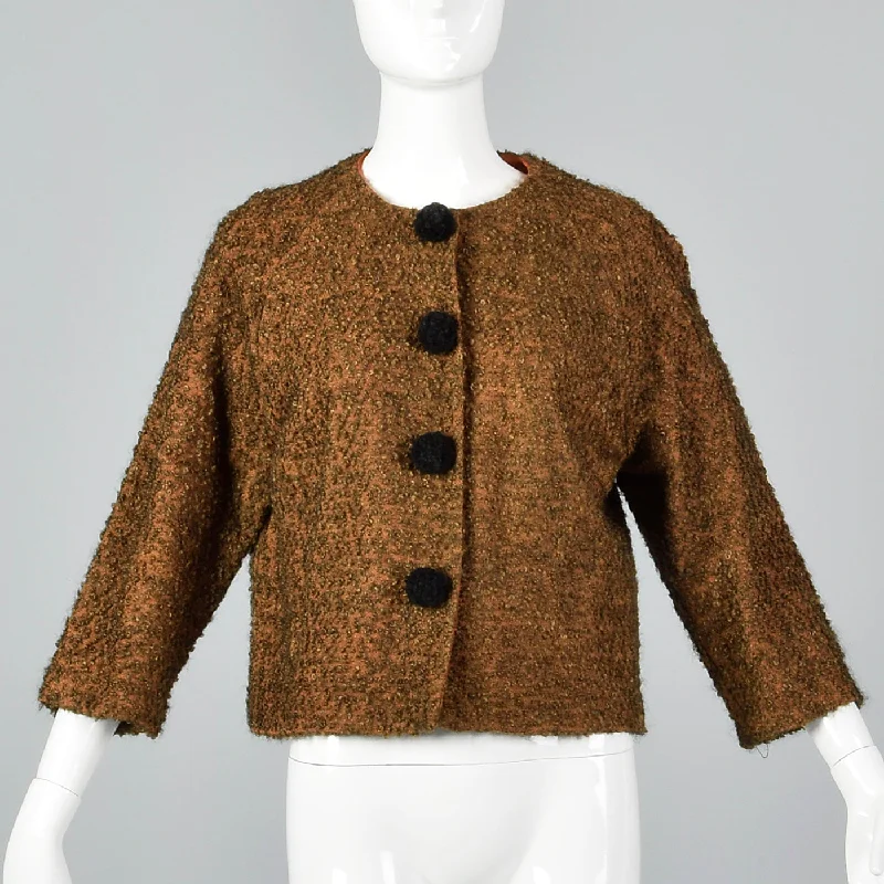 fashion-forward coat1960s Bouclé Jacket with Decorative Pom Pom Buttons