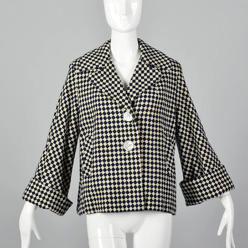 comfortable coat1950s Navy Blue and White Check Jacket