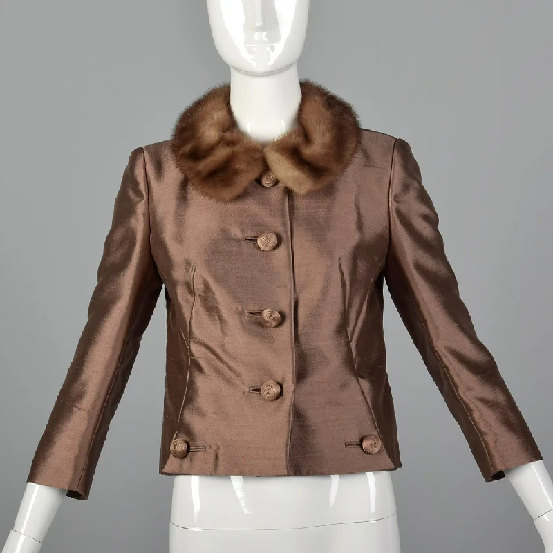 high-fashion coat1960s Brown Silk Jacket with Fur Collar