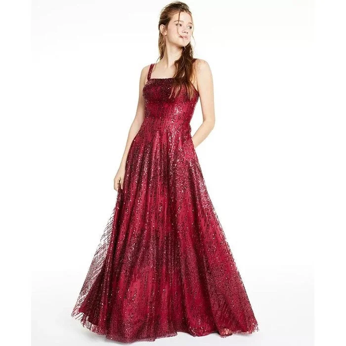 one-shoulder dressSay Yes To The Prom Juniors' Glitter Mesh Gown Wine Size 11