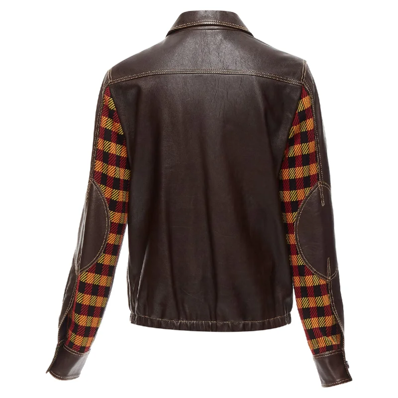 Marni lambskin leather overstitching plaid lined zip jacket