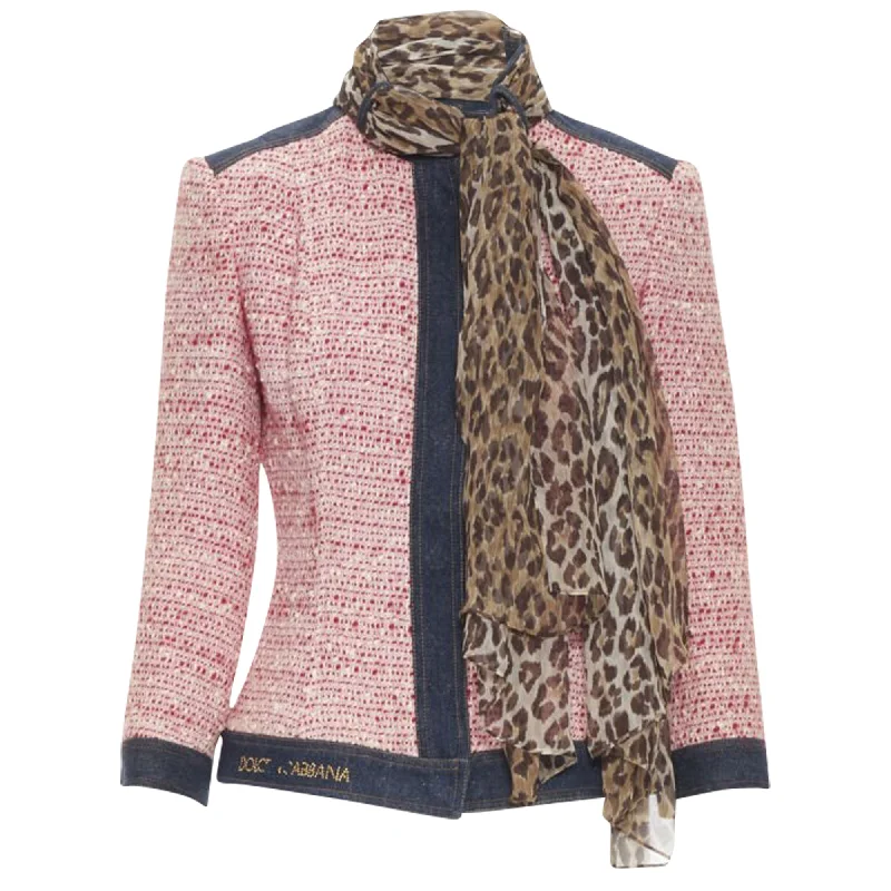 Dolce & Gabbana tweed denim trimmed leopard scarf jacket