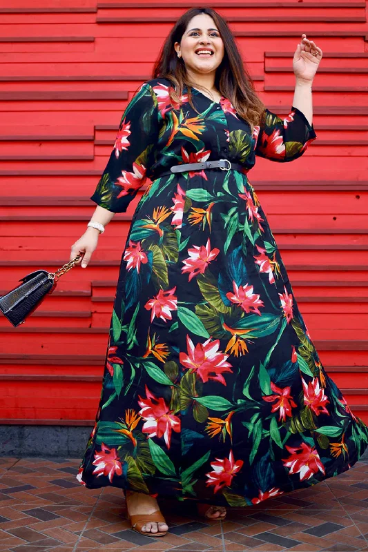 long-sleeve floral dressPlus Size Black Tropical Print Maxi Dress