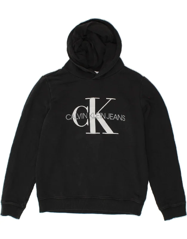 CALVIN KLEIN JEANS Boys Graphic Hoodie Jumper 15-16 Years Black Cotton