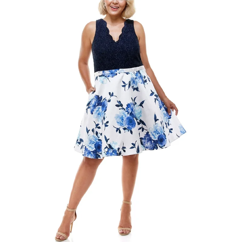 boho dressCity Studio Womens Floral-Print Lace Fit & Flare Skater Dress, Blue, 18W