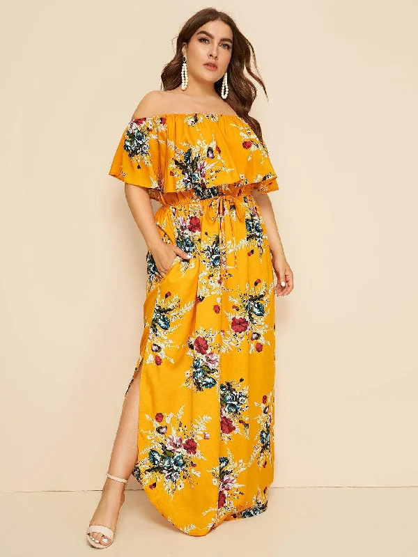 casual day dressPlus Floral Print Drawstring Waist Off Shoulder Dress