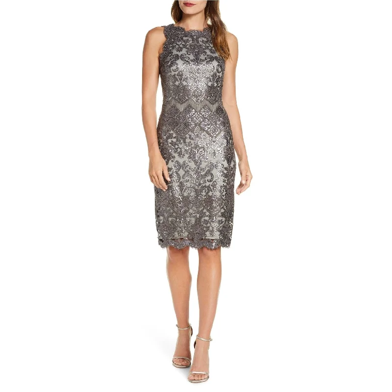 ashionable dressTadashi Shoji Womens Sleeveless Sequin Lace Sheath Dress, Grey, 10