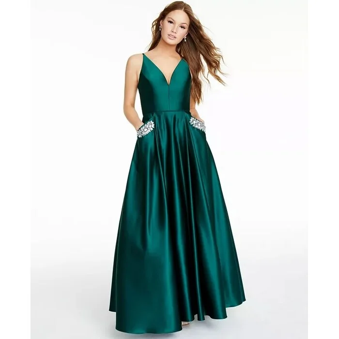 spaghetti strap dressBlondie Nites Juniors' Embellished-Pocket Gown Dark Green Size 1