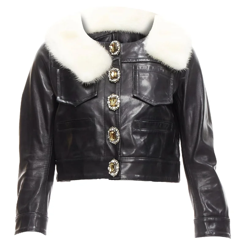 Dsquared2 asymmetric fur collar jewel button cropped leather jacket