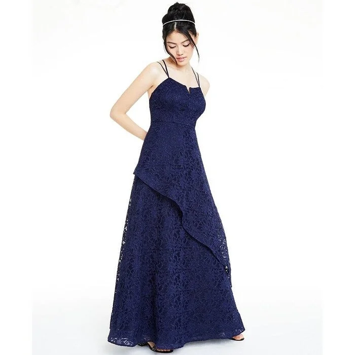 form-fitting dressBcx Women's Juniors' Glitter-Lace Layered Gown Blue Size 7