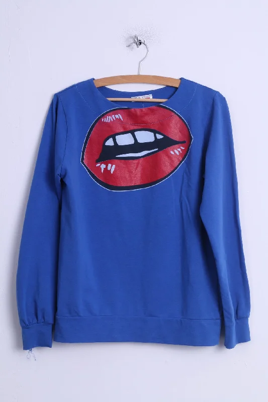 Made in Italy Womens M Sweatshirt Blue Cotton Crew Neck Graphic Big Lips