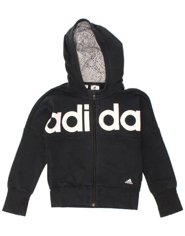 ADIDAS Girls Graphic Zip Hoodie Sweater 7-8 Years Black Cotton