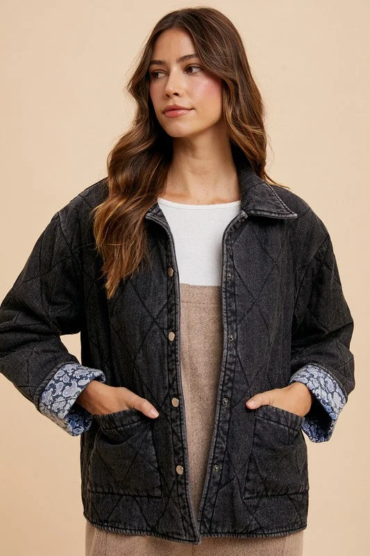 contemporary coatQuilted Printed Lining Snap Down Denim Jacket