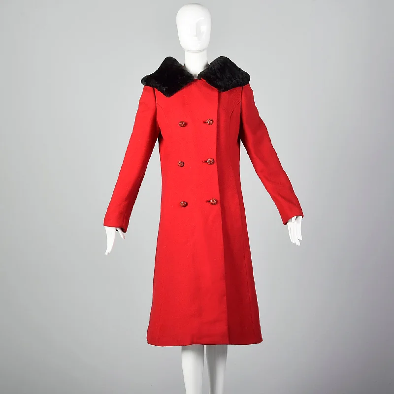 fashionable quilted coat1960s Red Wool Coat with Sheared Fur Collar