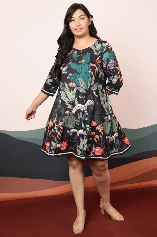 one-shoulder dressPlus Size Quirky Wildlife Black Printed Dress