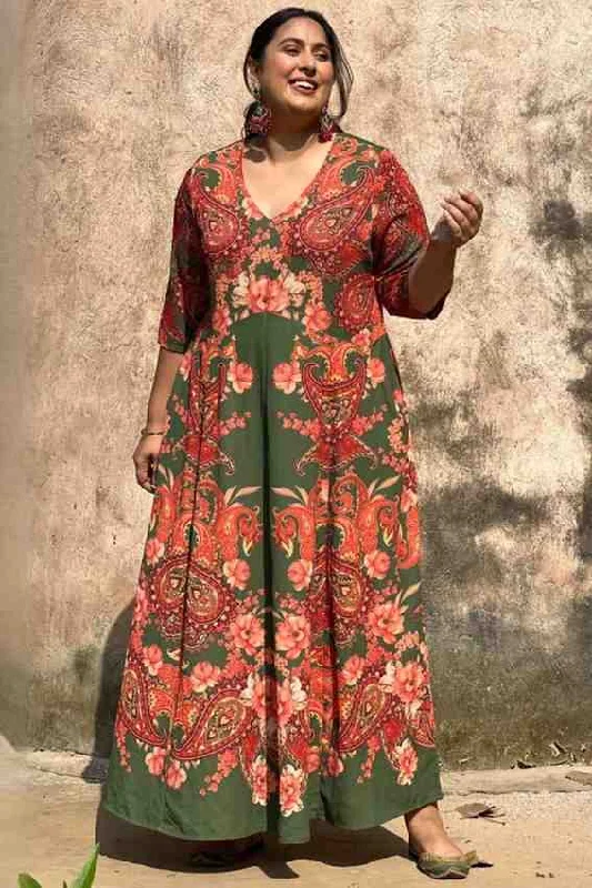 playful dressPlus Size Red Green Printed Anarkali Dress