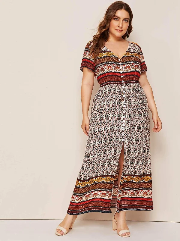 t-shirt dressPlus Tribal Print Button Dress