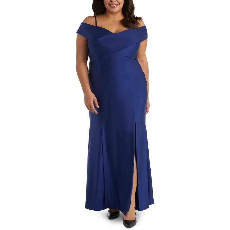 modern dressNightway Womens Sateen Cold-Shoulder Gown Dress, Blue, 14W