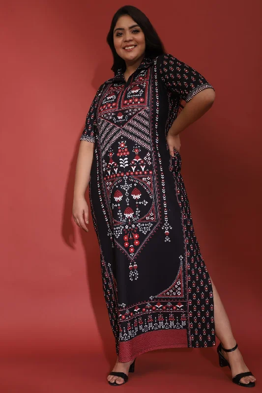 evening dressRaabta Indian Ethnic Print Black Long Dress With Side Slit