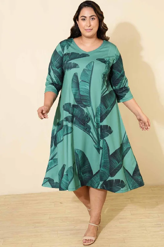 ashionable dressPlus Size Green Tropical Print A line Dress