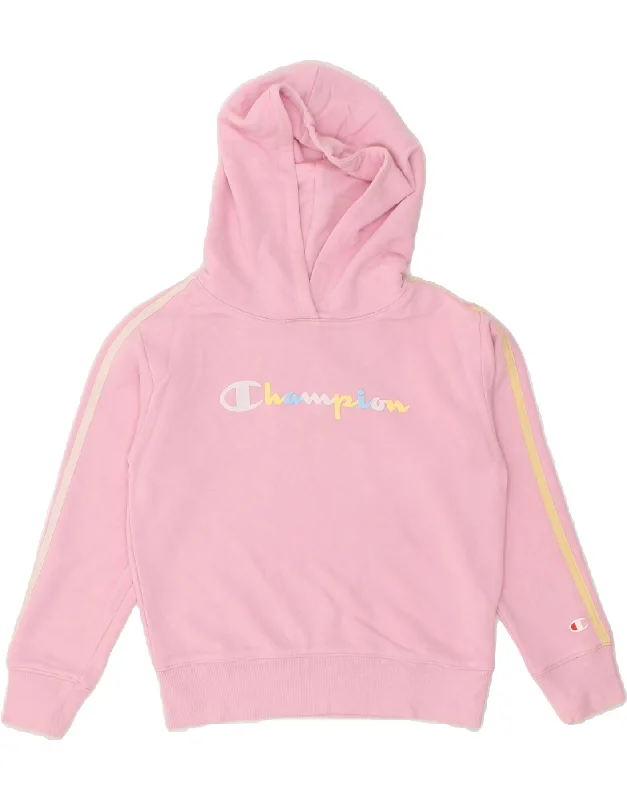 CHAMPION Girls Graphic Hoodie Jumper 7-8 Years Small Pink Cotton