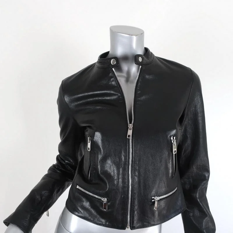 long-sleeve winter jacketDolce & Gabbana Leather Moto Jacket Black Size 38 Biker Jacket