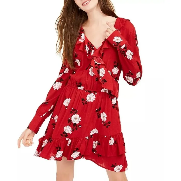 mini dressAmerican Rag Juniors' Floral Faux Wrap Dress Red Size Medium