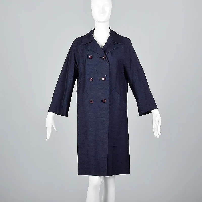 comfortable winter coat1960s Navy Blue Coat with Ribbon Stripe Taffeta Lining