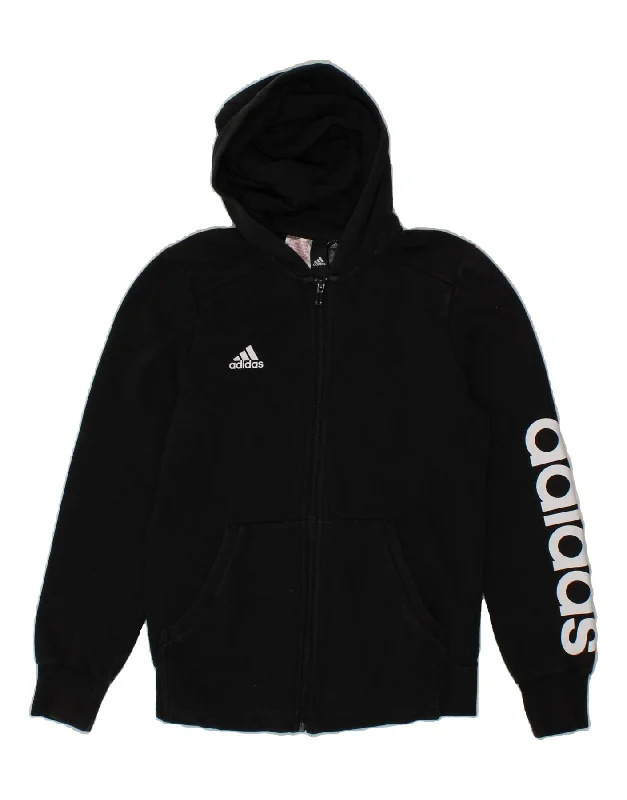 ADIDAS Boys Graphic Zip Hoodie Sweater 13-14 Years Black Cotton